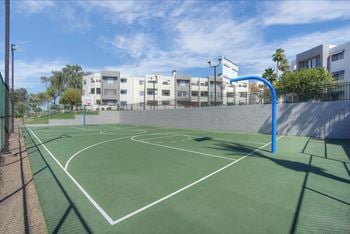 A green basketball court with buildings in the background